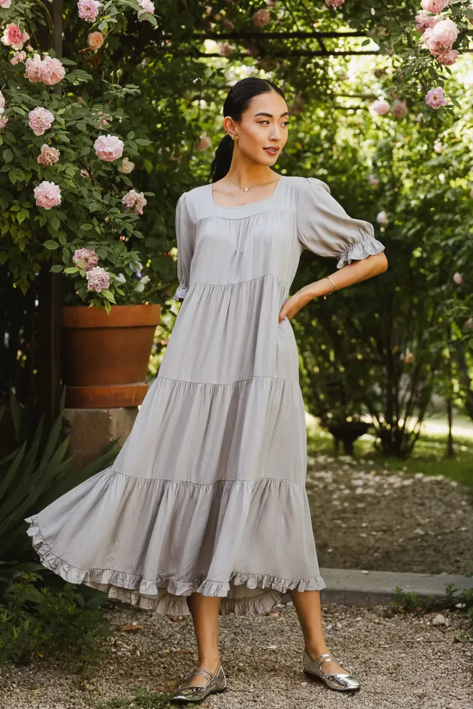 Bohme Danae Tiered Midi Dress in Slate Blue