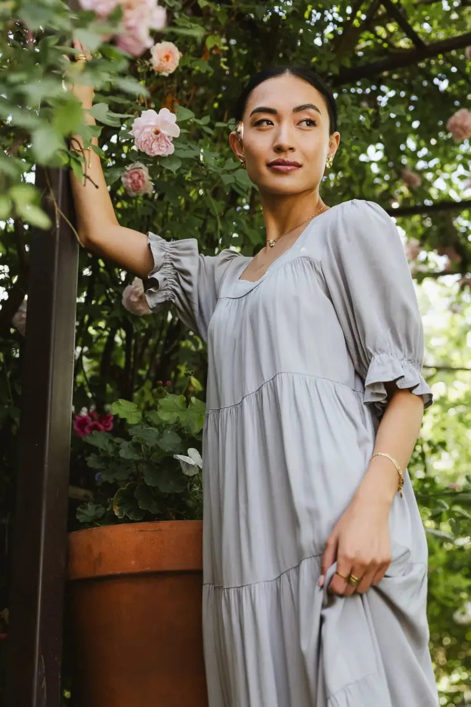 Bohme Danae Tiered Midi Dress in Slate Blue