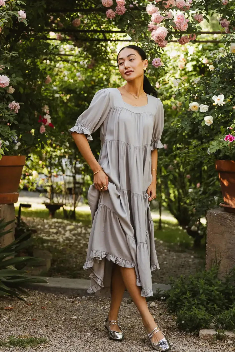 Bohme Danae Tiered Midi Dress in Slate Blue