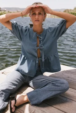 Bohme Natalia Peplum Tie Blouse in Light Wash
