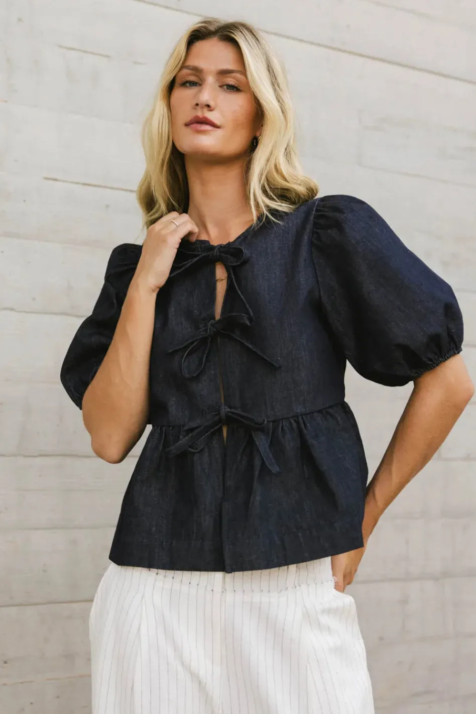 Bohme Natalia Peplum Tie Blouse in Dark Wash