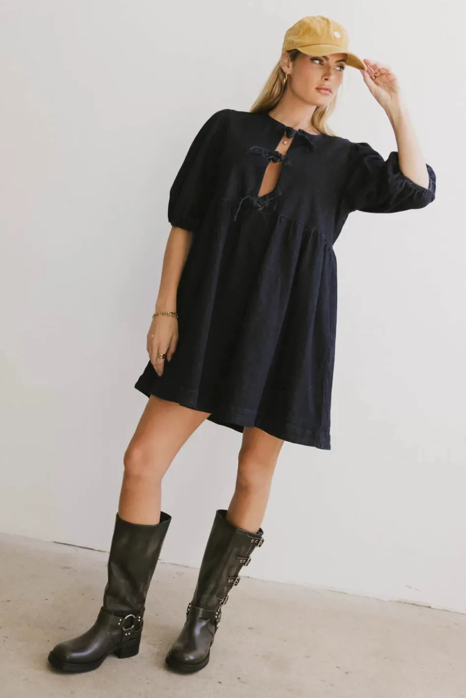 Bohme Tori Peplum Mini Dress in Dark Wash