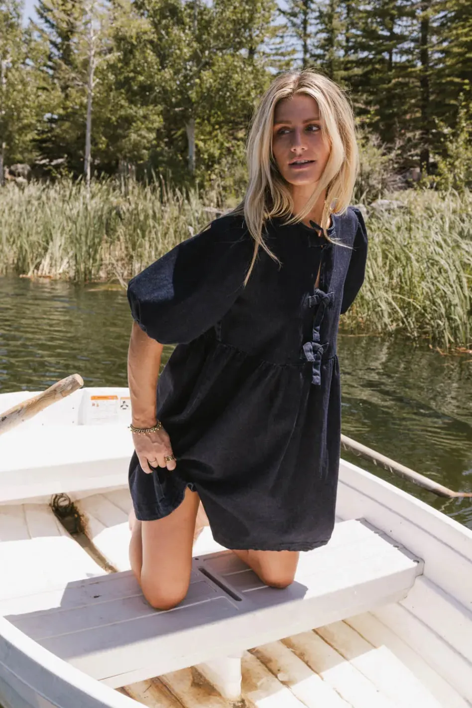 Bohme Tori Peplum Mini Dress in Dark Wash